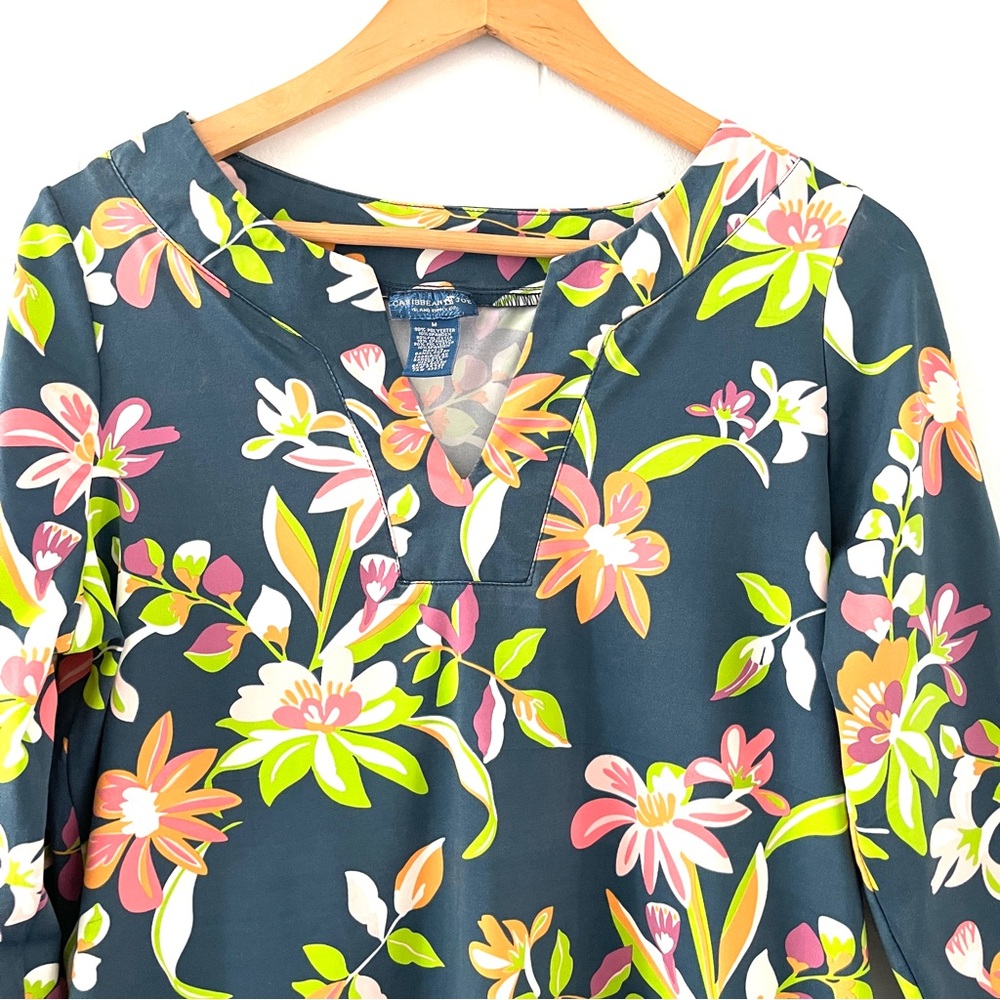 Carribean Joe UPF 50 Blue Floral Dress 3/4 Sleeves Women’s M Beach Vacation - Picture 5 of 8